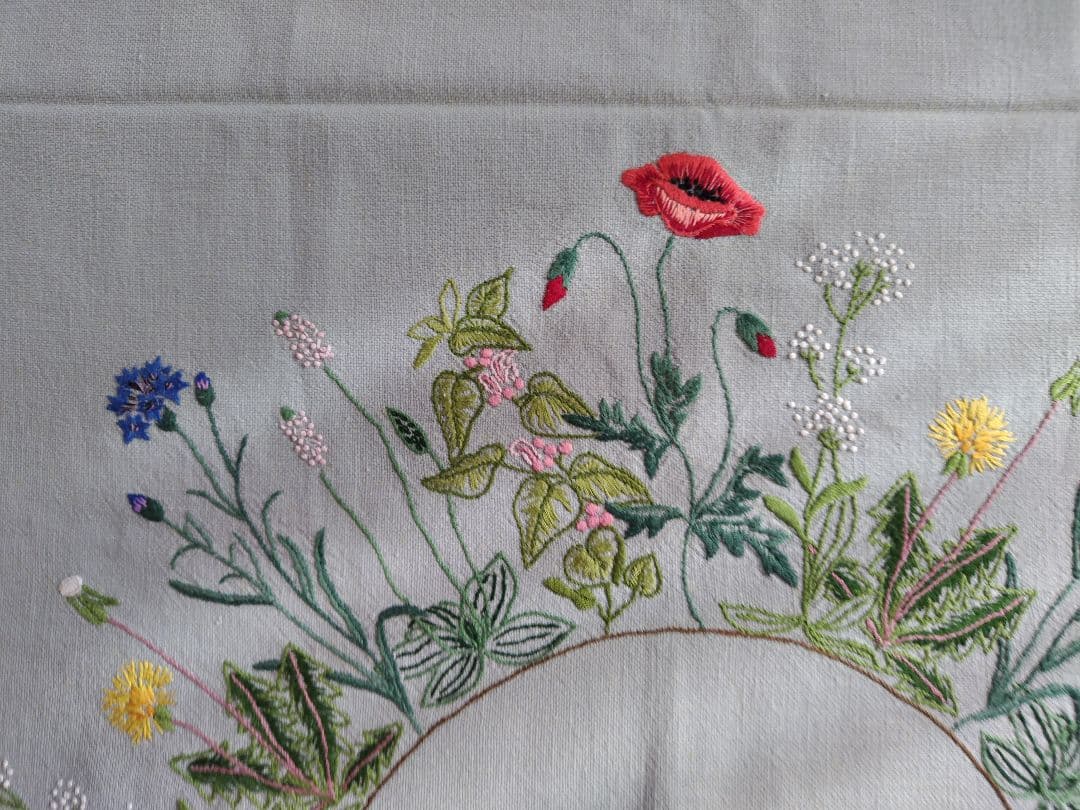 灰青色地花柄刺繍テーブルクロスハンドメイドビンテージ