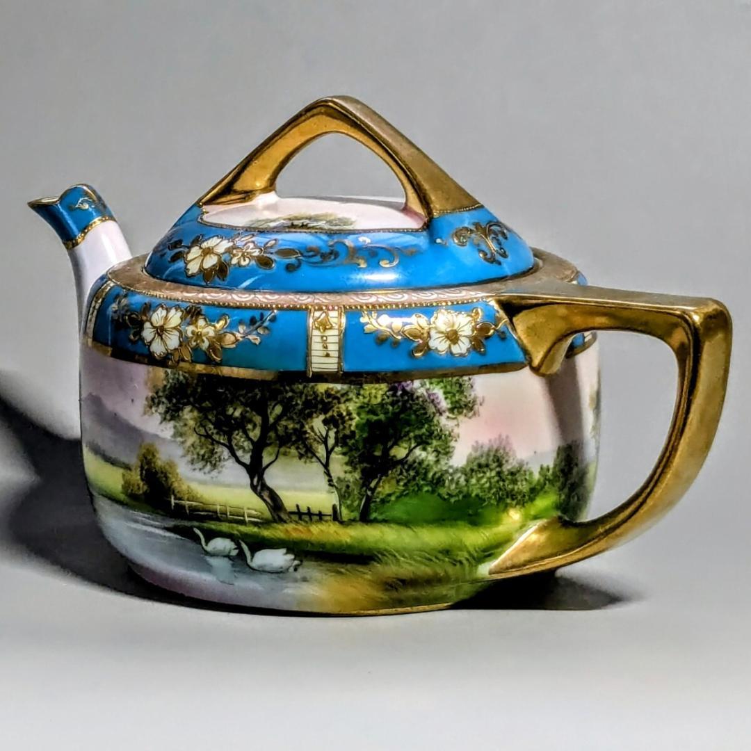 オールドノリタケ ポット ターコイズ 湖畔風景白鳥図 　金彩金盛上 有名パターン