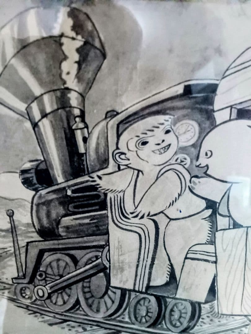 江戸屋の原画　フレーム付き 汽車ポッポ　額最大寸法　446x398mm 作者不詳