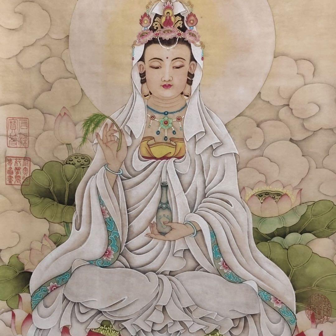 掛け軸 四尺中堂 仇英 観音菩薩 観音像 中国仏画 仏教美術 絹本 証書付