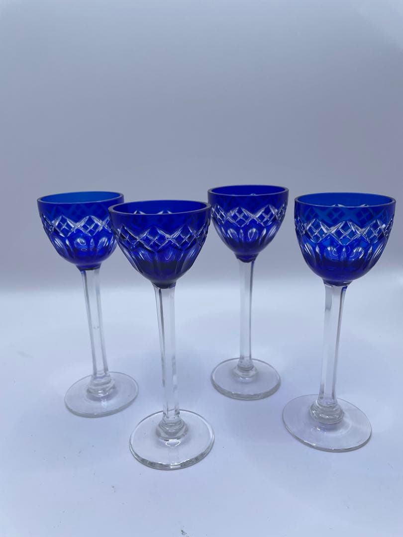 コバルトブルー カットガラス ワイングラス 4個セット