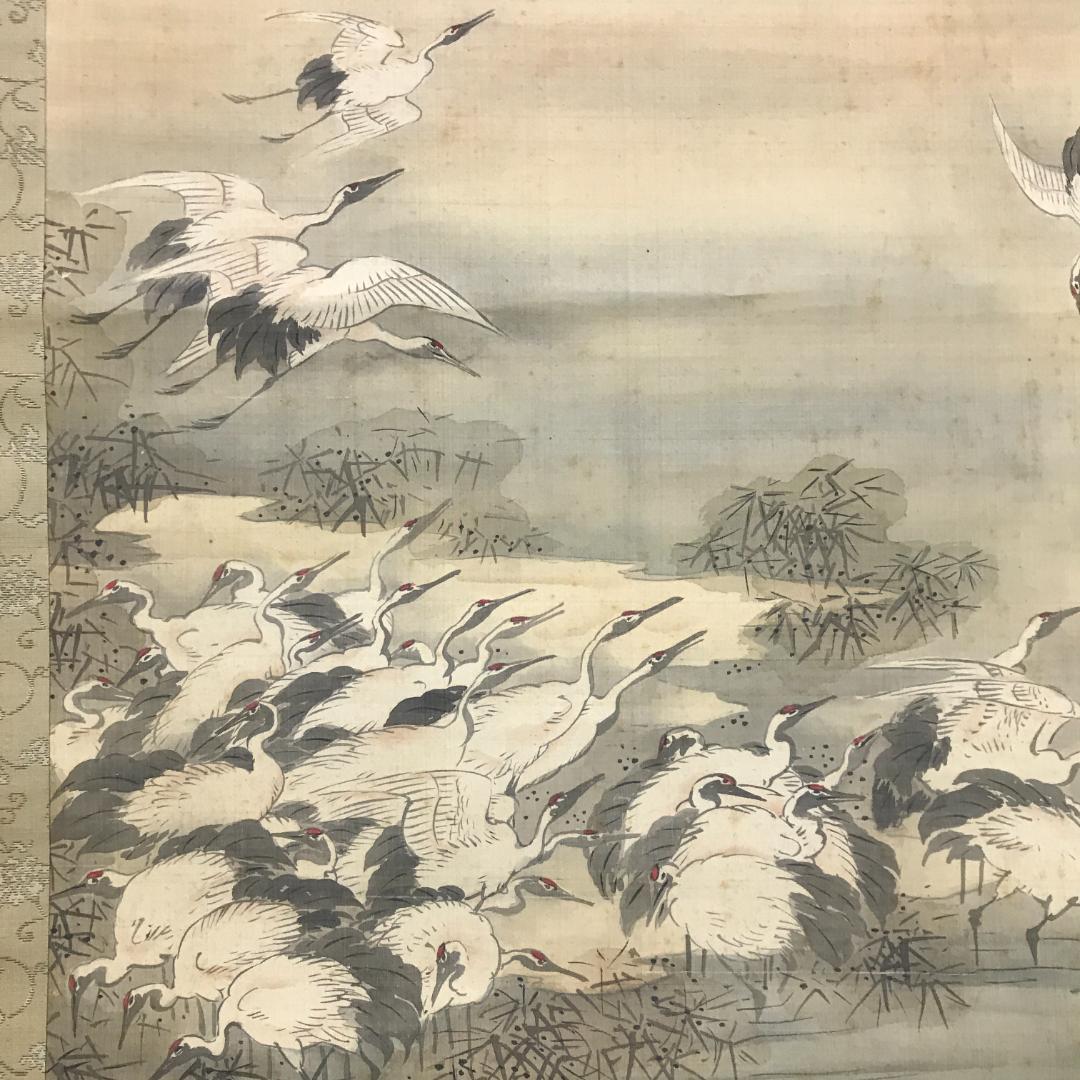 真作/戴文/百鶴図/開運/長寿/鶴/布袋屋掛軸HB-102