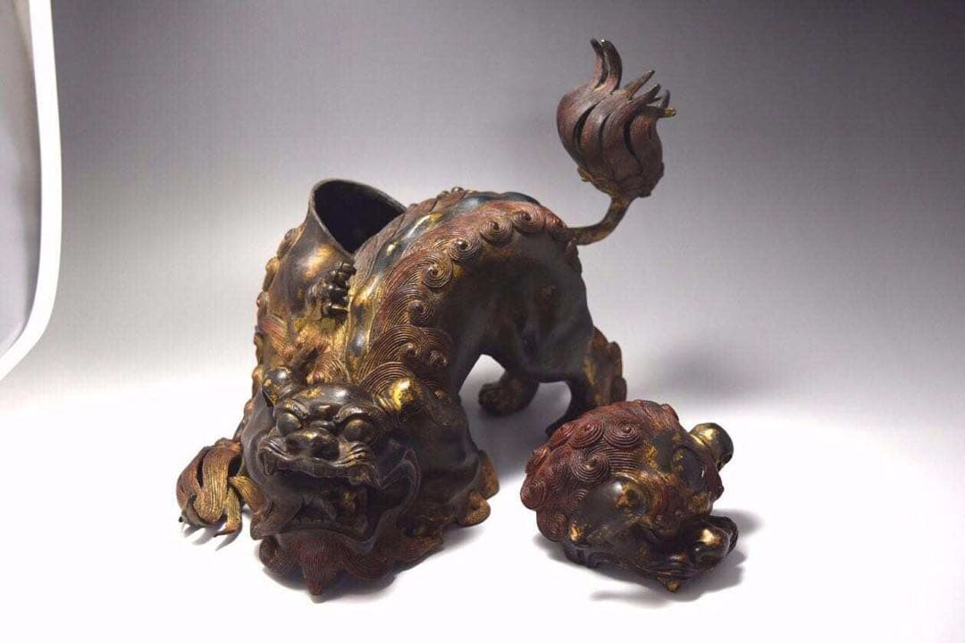 鍍金古銅獅子香爐　美術品　骨董品　金属製　工芸品　香炉