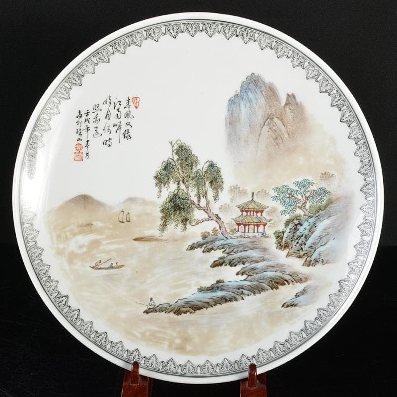 中国　1980年代中国景徳鎮製　漢詩山水文盤　飾皿　4枚　時代箱　BR5731B