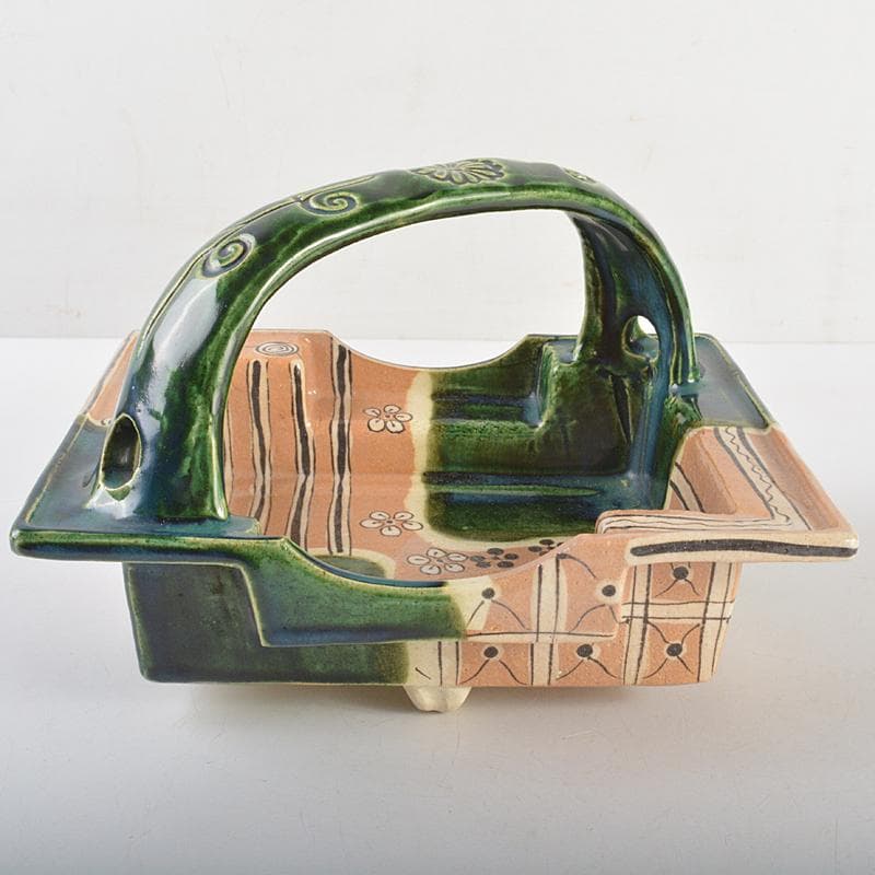 人間国宝　荒川豊蔵作　織部焼　手付鉢　共布　十三代即中斎極め箱　M　R7009B