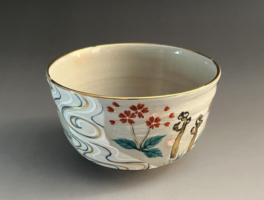 丹山作　春水の絵　茶碗　而妙斎書付　表千家　茶道具