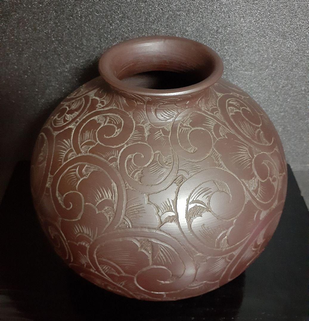 萬古焼　【善作】　唐草彫文様　壺　花入れ　茶道具　茶器　花瓶