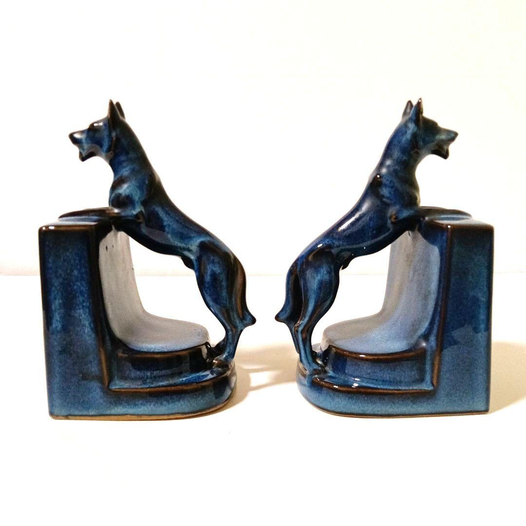 ドッグ ブックエンド オブジェ 陶磁器 青色 藍色 レトロ ヴィンテージ 犬