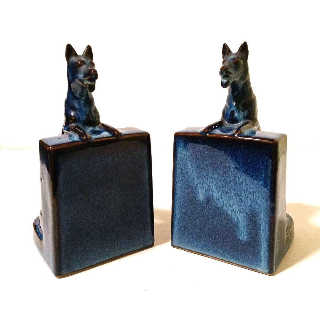 ドッグ ブックエンド オブジェ 陶磁器 青色 藍色 レトロ ヴィンテージ 犬