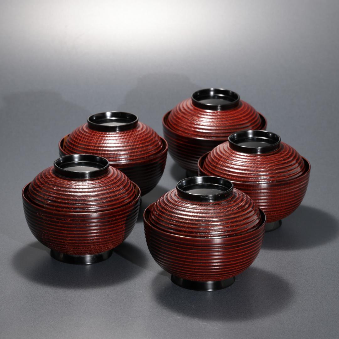 輪島塗 煮物椀 五客 のし蒔絵 共箱　漆塗 蓋付椀 口径14cm R1587ラ1