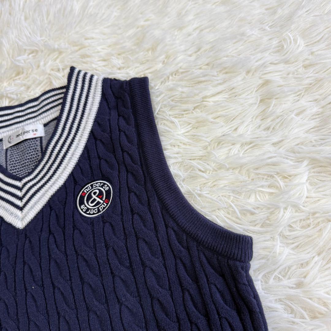 【アンパスィ】美品 ニットベスト ネイビー ケーブルニット M レディース