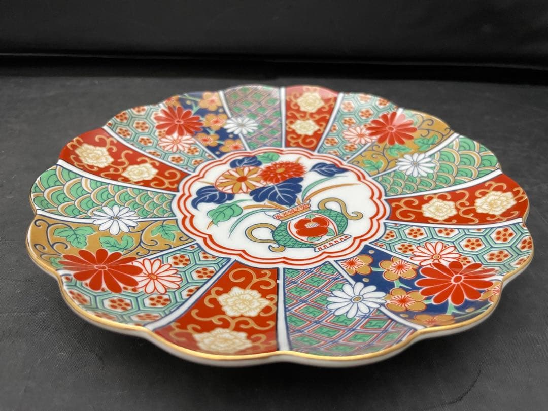 有田焼　陶扇　錦絵　金彩色絵　銘々皿　5枚　菊割皿