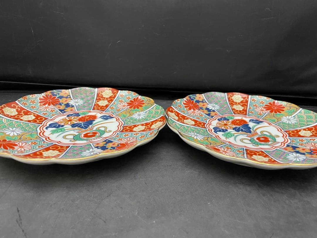 有田焼　陶扇　錦絵　金彩色絵　銘々皿　5枚　菊割皿