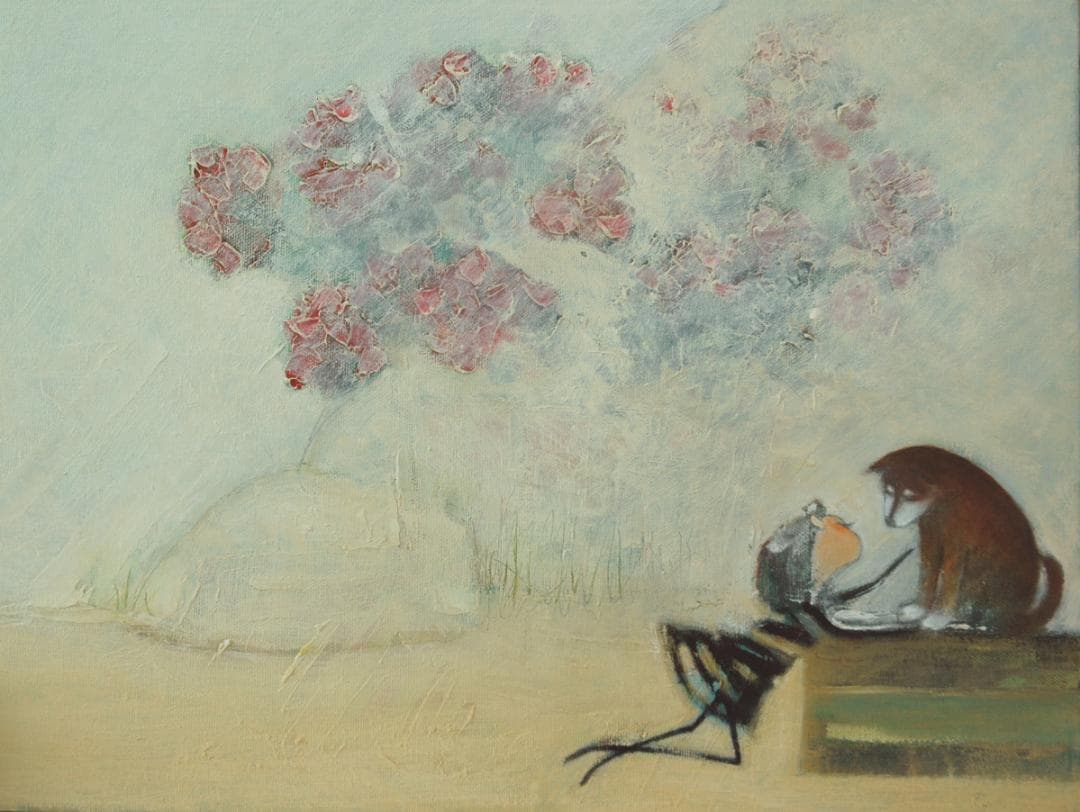 油絵 菅家令子 絵 絵画インテリア額付(黒) uF6-071619 子犬と女の子