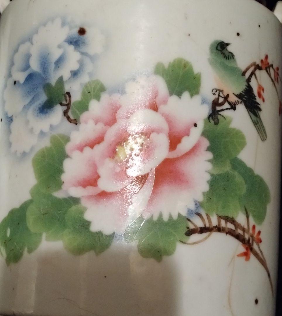 激レア　中国アンティーク　陶器製　花と小鳥柄　大きめな急須、ポット　茶器