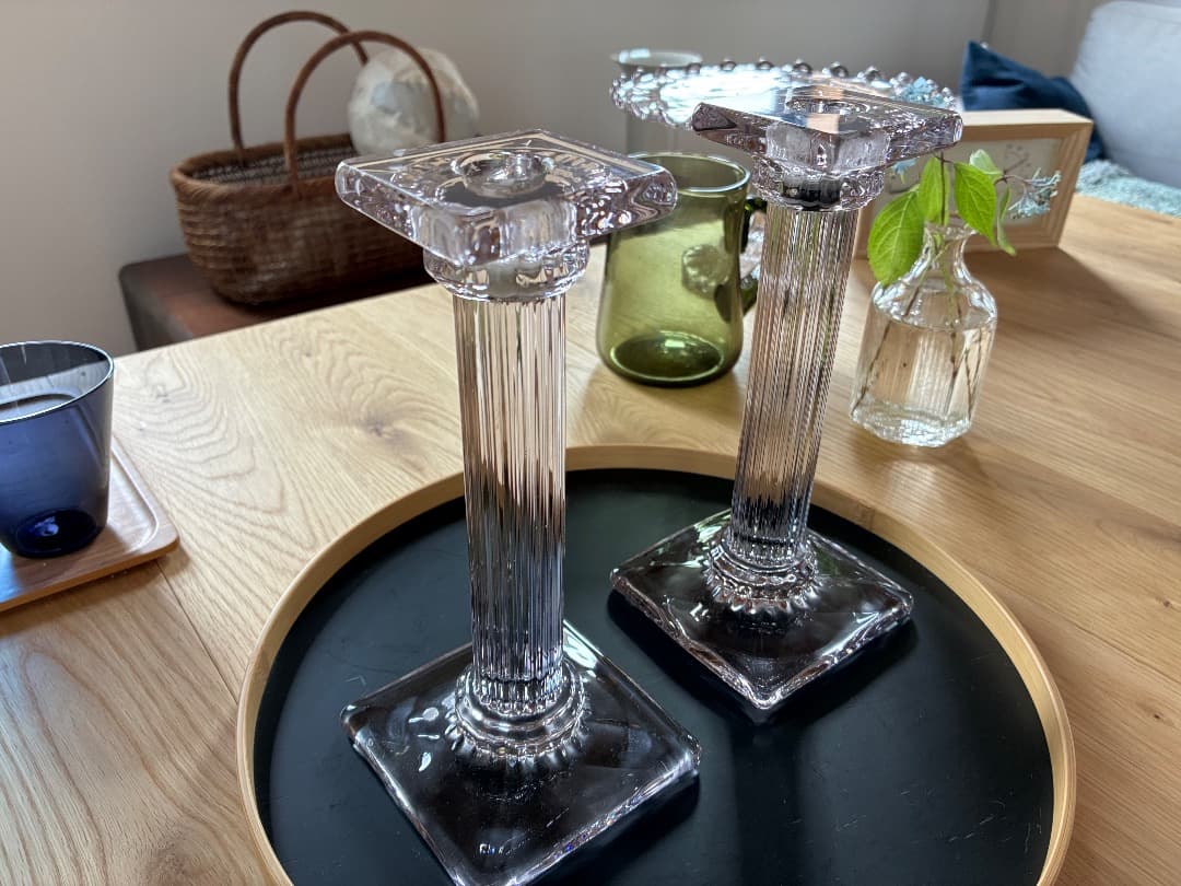 英国アンティーク　ガラス燭台ペア　キャンドルスタンド