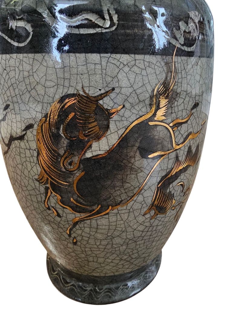 相馬焼 花瓶 花器 壺 陶芸 金彩 馬 双馬 高さ約28.5cm 骨董