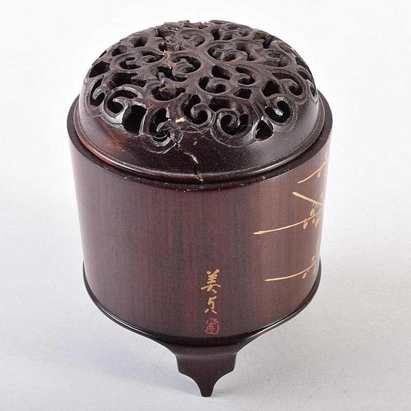 茶道具　荒木省山造　紫檀製　梅蒔絵　総彫蓋香炉　共箱　M　R7844