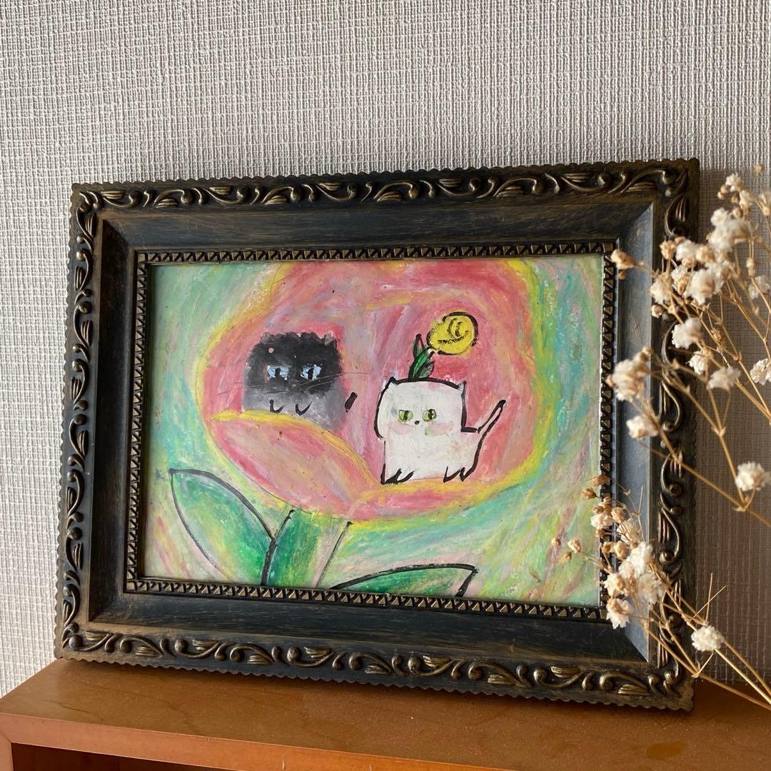 絵画。原画【2匹のかわいい猫がピンクの花の中で花の香りを感じている】