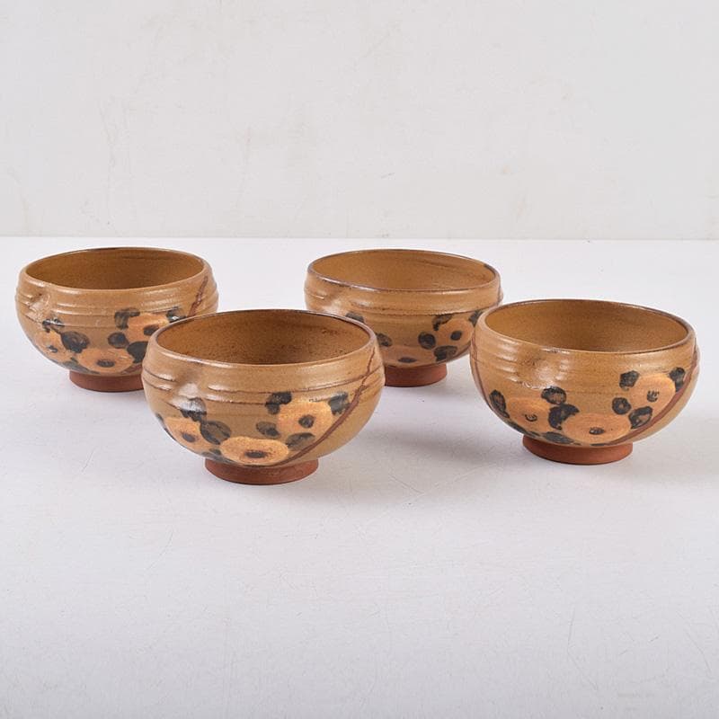 佐渡無名異焼　常山焼　三浦常山造　茶葉釉椿画　茶器揃　共箱　M　R9003