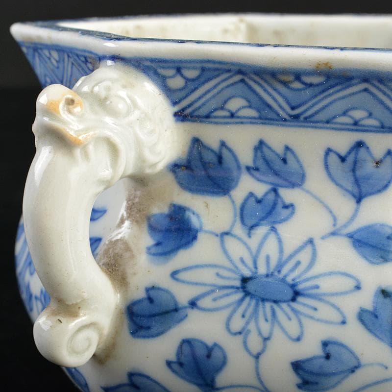 瀬戸焼　古瀬戸　染付　鳳凰花文　双耳六角香炉　M　R7342