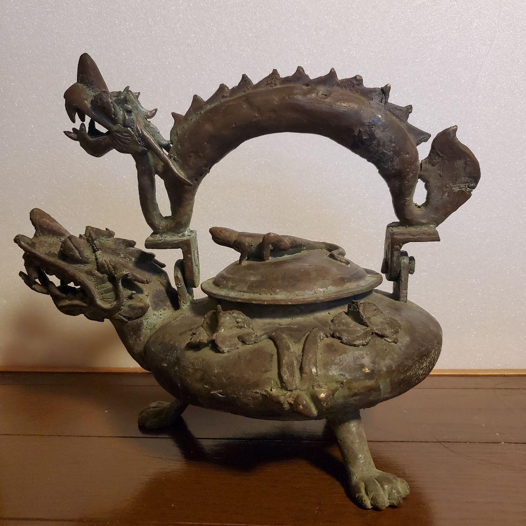 中国古玩　古銅製　双龍頭　香炉　希少品