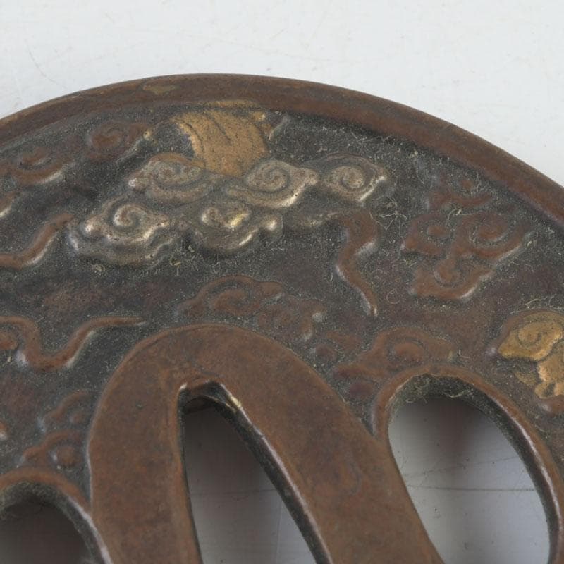 武具　刀装具　古銅　雲龍紋鍔　時代箱　C　9456