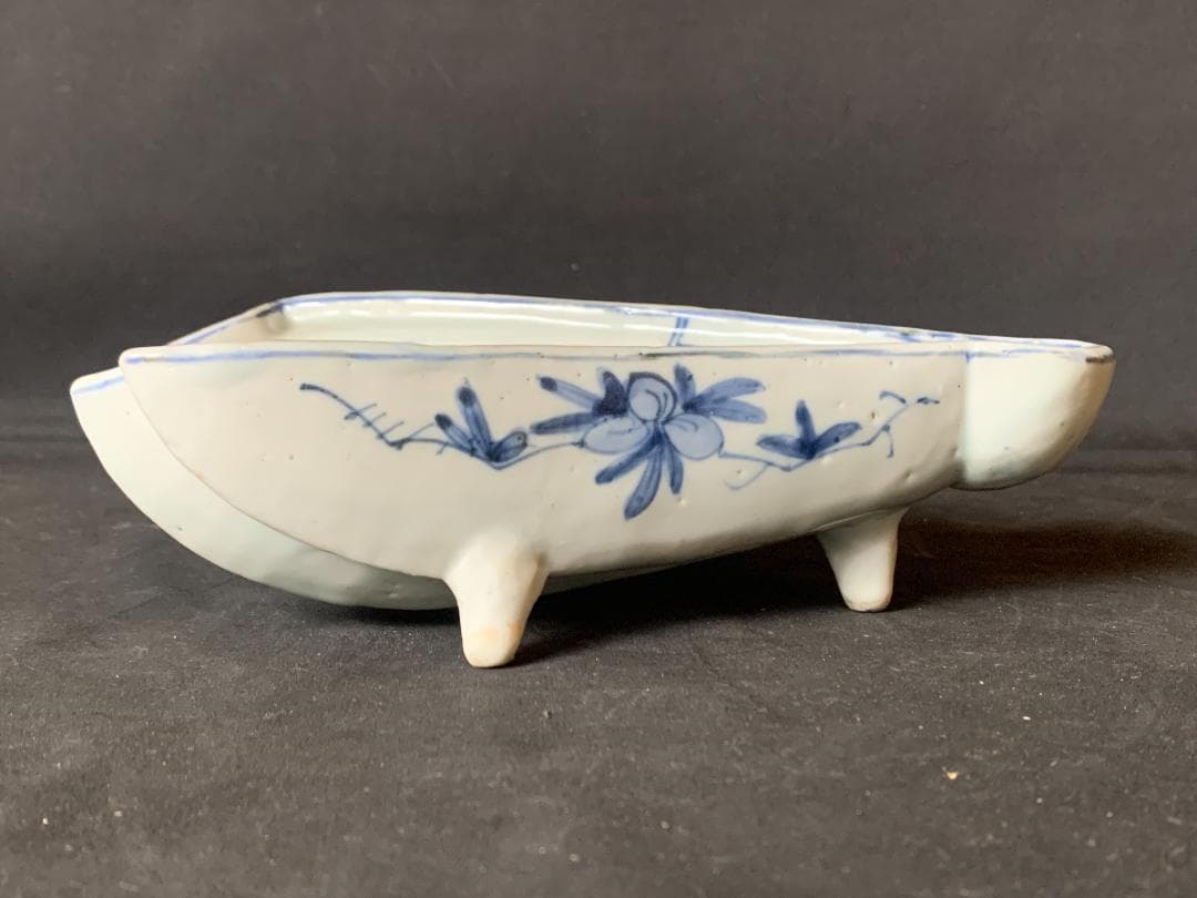 明代 古染付 青花 山水図 半開扇皿 扇鉢 中国古玩 唐物 878