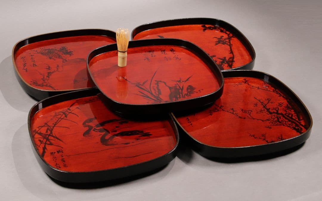 CG100 能登國輪島 布着本堅地 図替会席膳 五客 足付 木製漆器 雨宮桂月