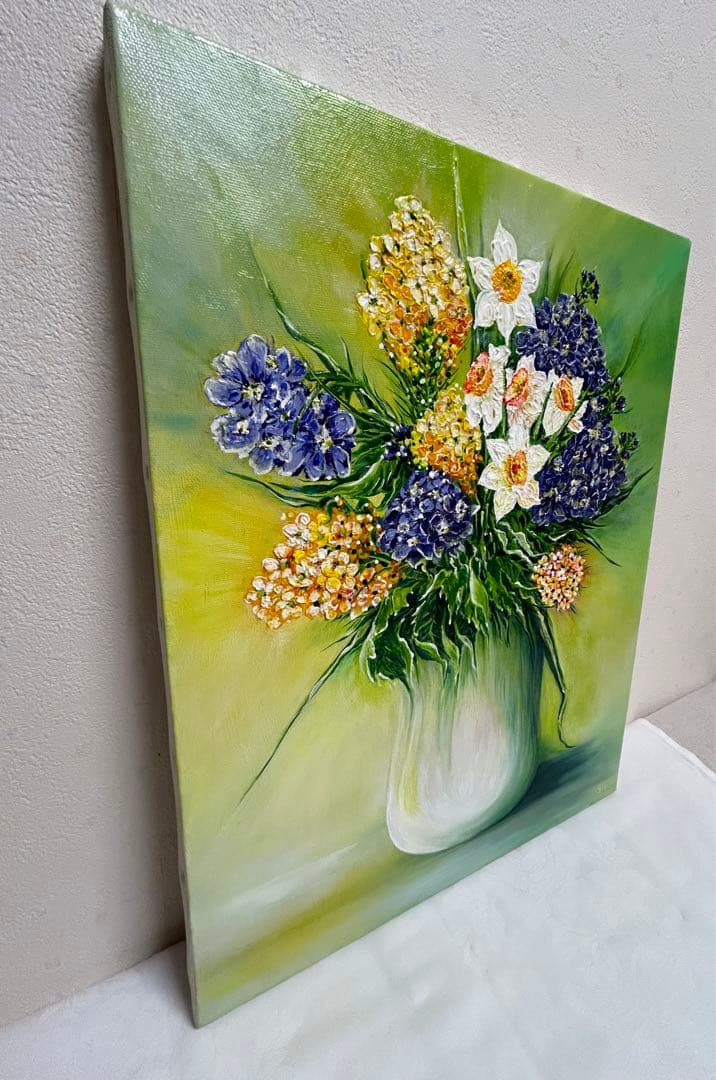 新しい一日 油彩 油画 SH16 R6 F6  (菜の花・水仙・ビオラ)