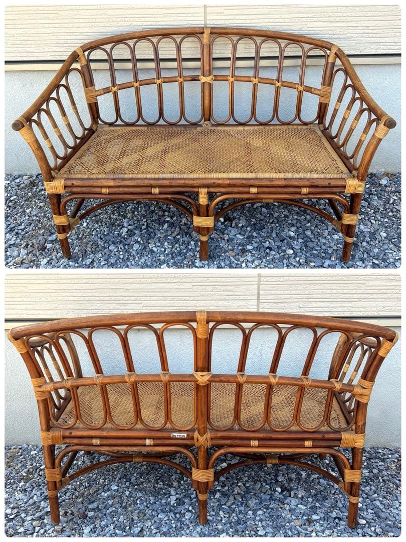 【引取限定】 マルニ ラタン 4点セット ガラステーブル 椅子 ２人掛けソファ