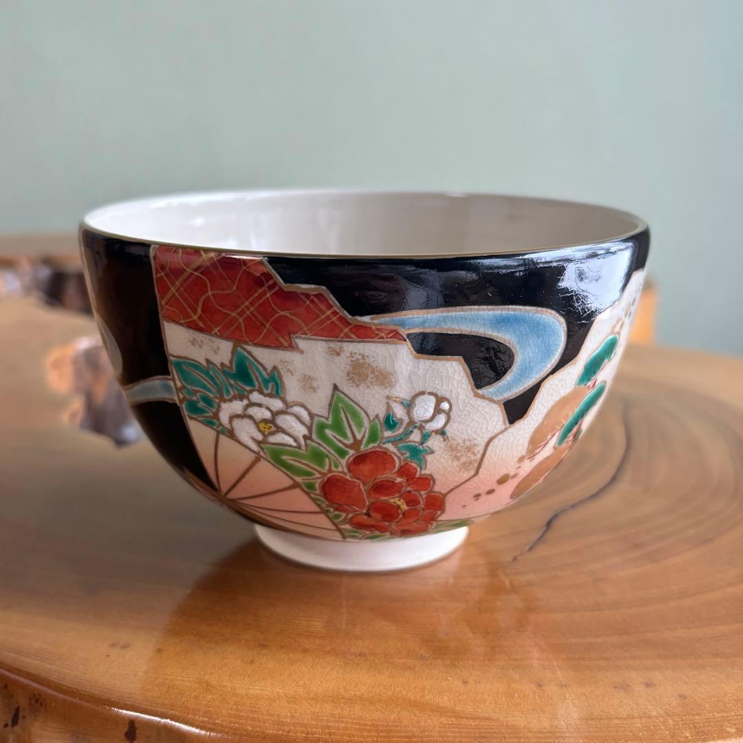 仁清黒扇面流し絵 清雲造 京焼 抹茶碗 茶道具 共箱(94)