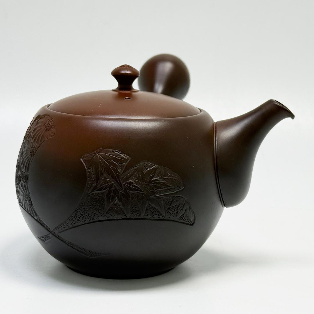 美品 常滑焼 山田宝生 急須 イチョウ紅葉菊彫 横手急須