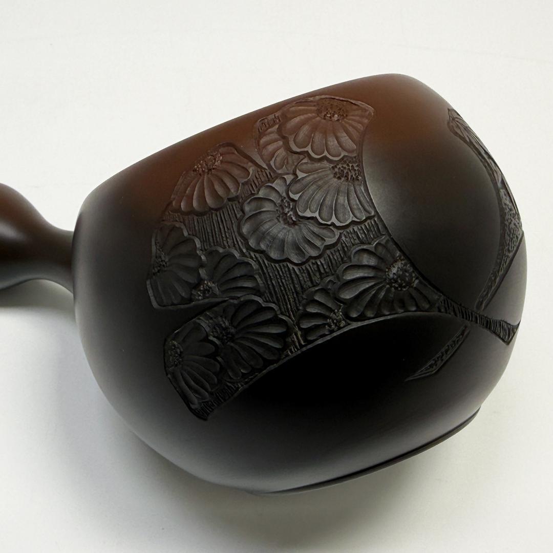 美品 常滑焼 山田宝生 急須 イチョウ紅葉菊彫 横手急須