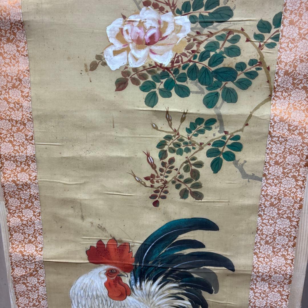 鶏と花の日本画掛軸　　0121o78