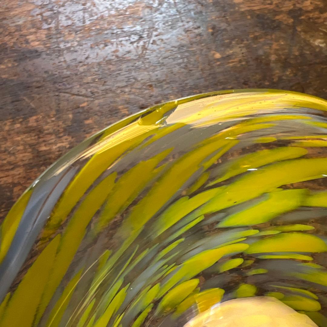 大正ロマン　吹雪紋氷コップ黄色　ウランガラス　和ガラス　アンティーク　古道具