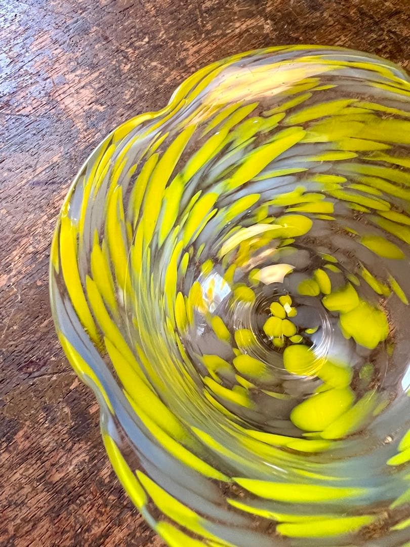 大正ロマン　吹雪紋氷コップ黄色　ウランガラス　和ガラス　アンティーク　古道具