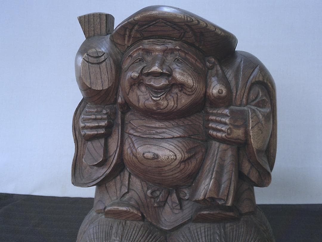 家宝に！【木彫り　大黒様　欅製大振り　飾り映え・K48・骨董】縁起物恵比寿　鑑賞