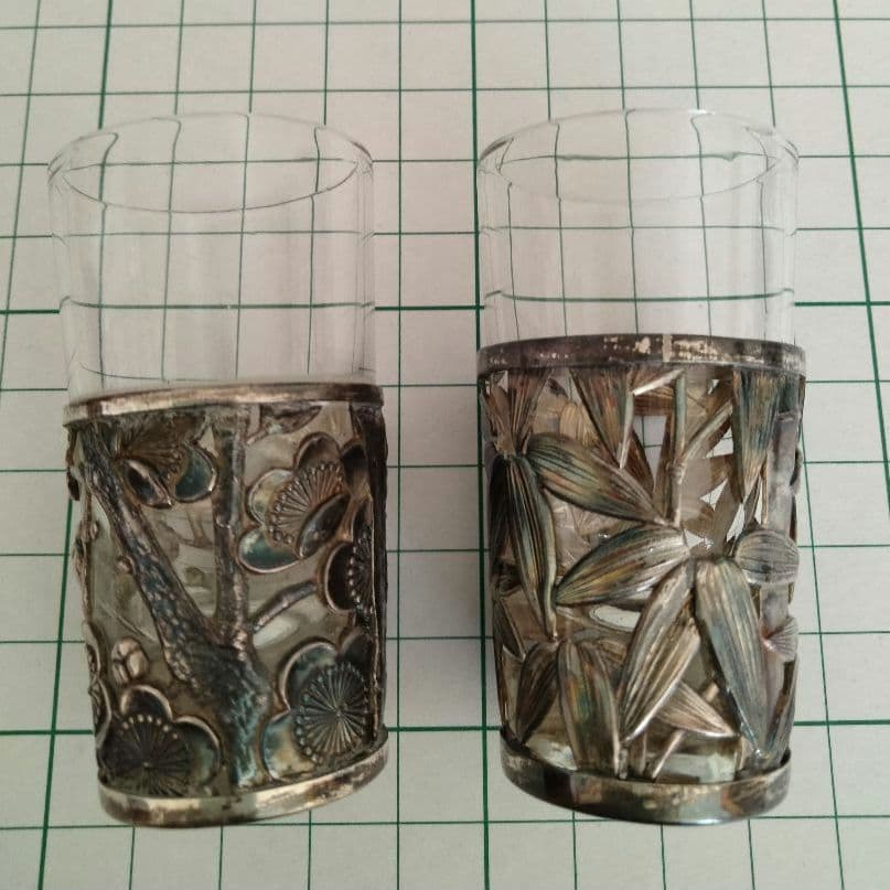 特別価格変更、匿名配送、和骨董、日本製、笹、梅、グラス二点セット