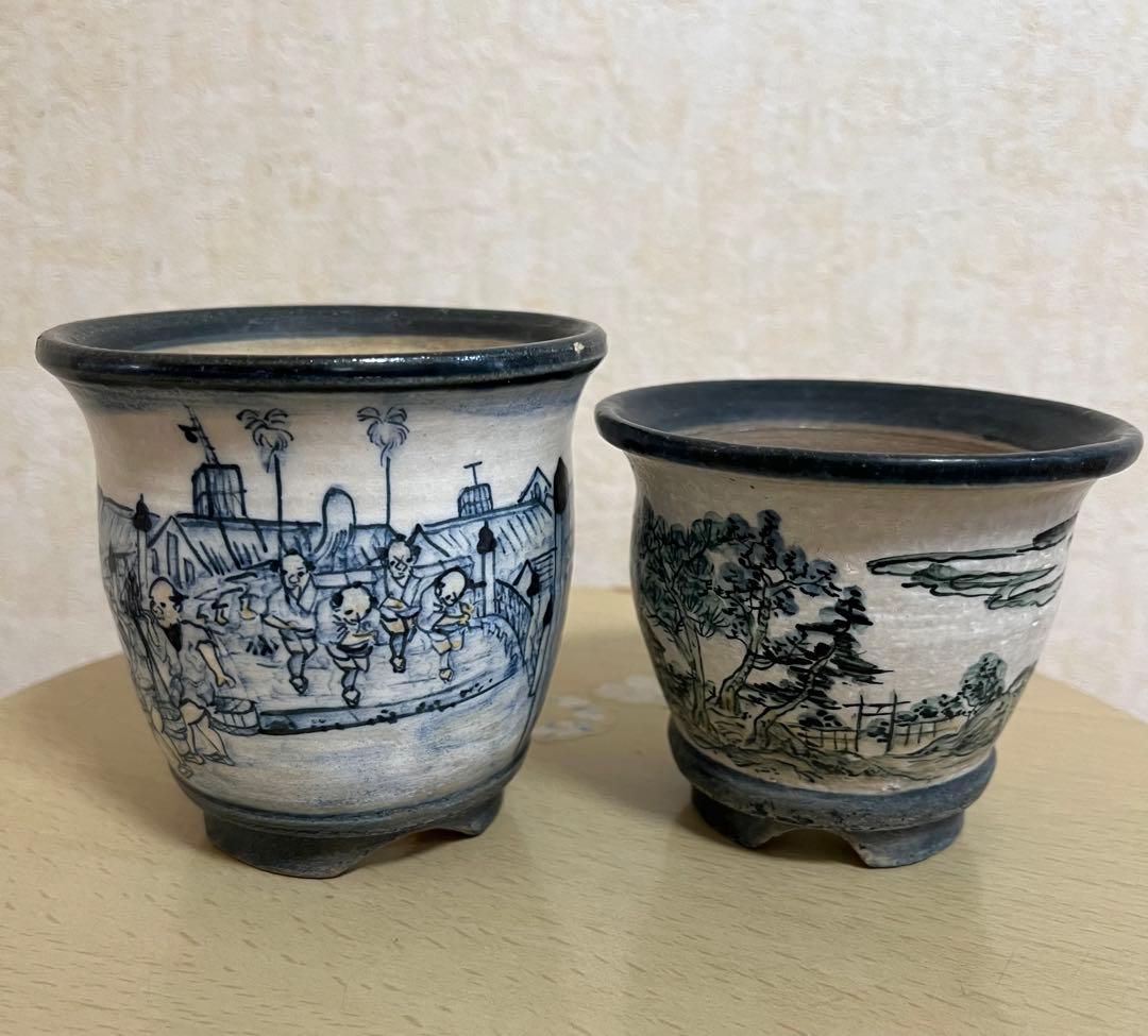 陶翠作　東海道五拾三次画　盆栽鉢