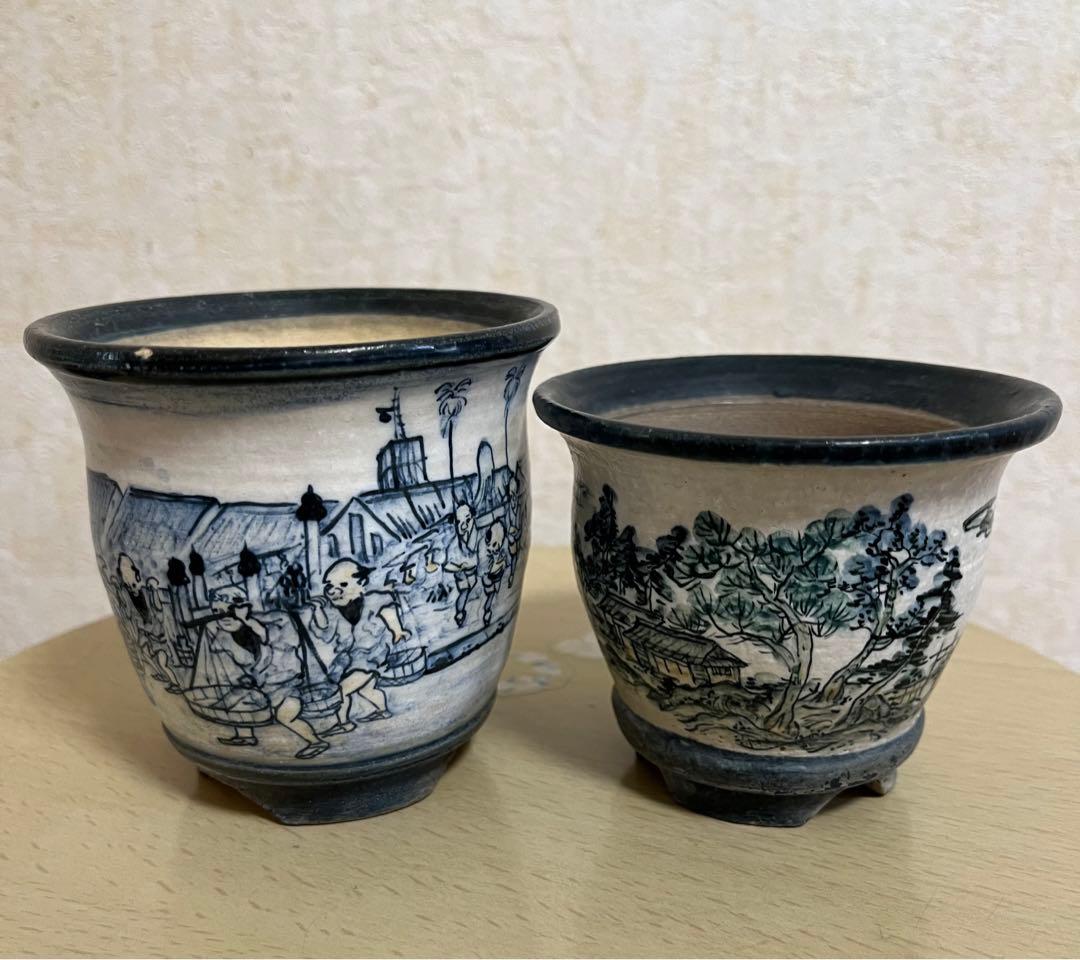 陶翠作　東海道五拾三次画　盆栽鉢