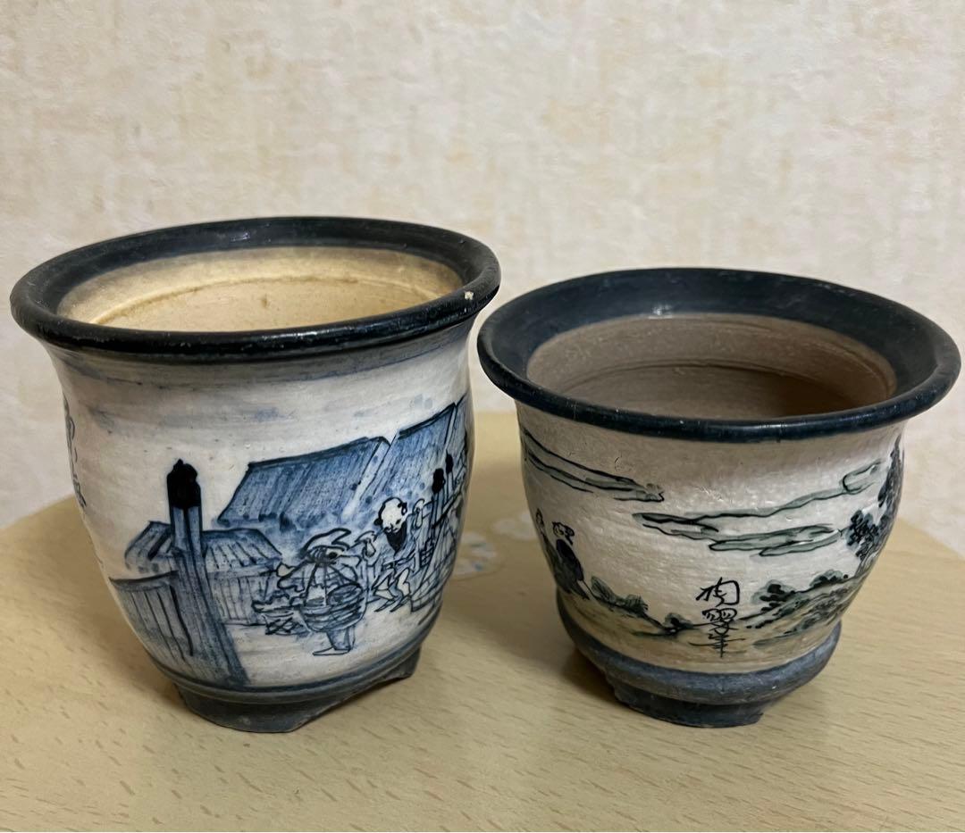 陶翠作　東海道五拾三次画　盆栽鉢