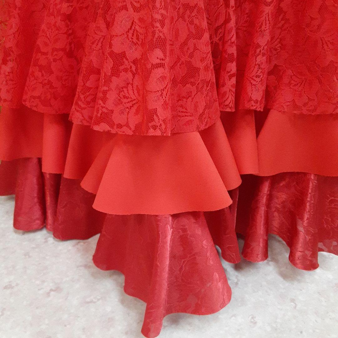フラメンコ衣装　☆ファルダのみ☆豪華レース3段フリルレッドファルダ