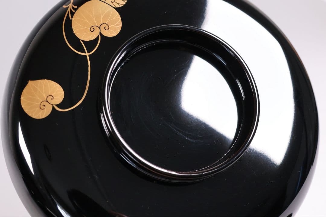 【MB188】天然木漆塗 紫陽花と葵 金蒔絵 螺鈿入 黒塗 煮物椀 二客 昭和期