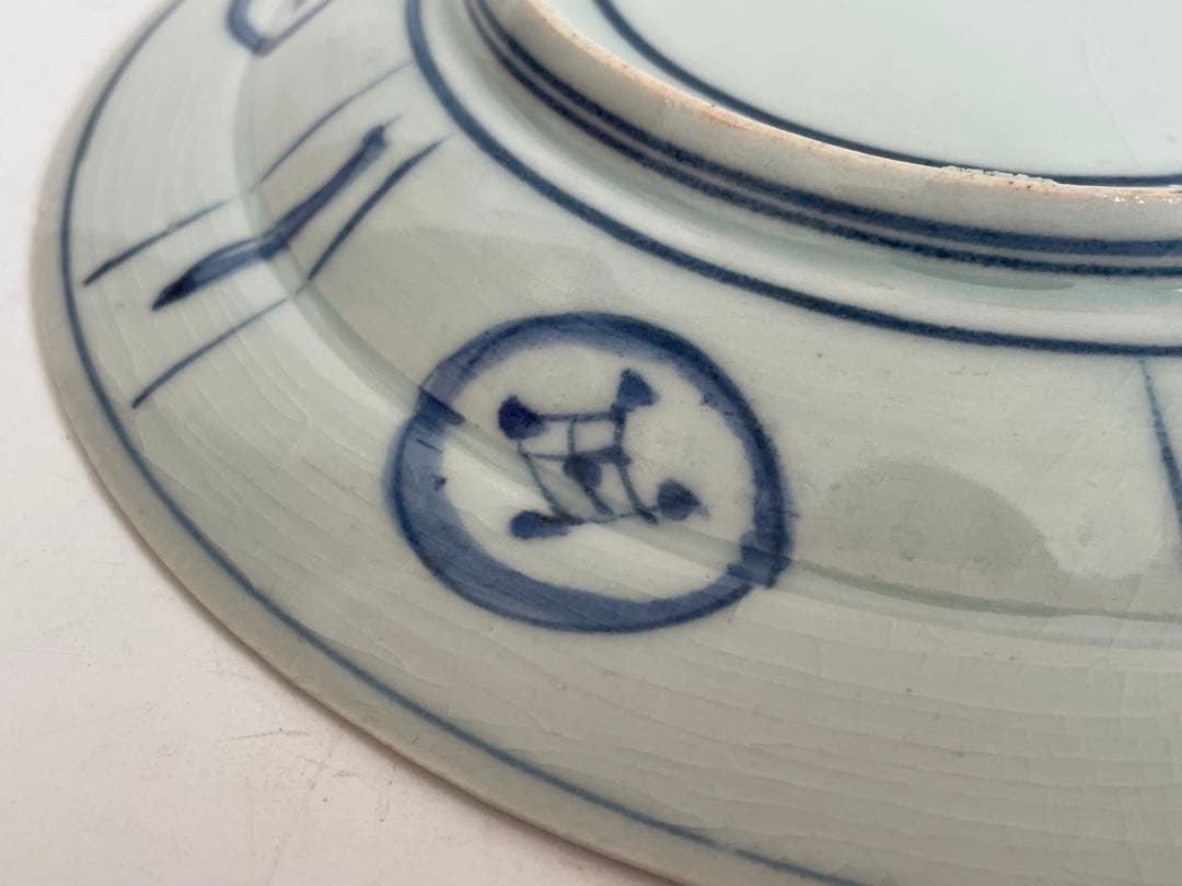 骨董　アンティーク　古伊万里　染付　芙蓉手　飛蝗図　七寸皿　箱付き　渦福