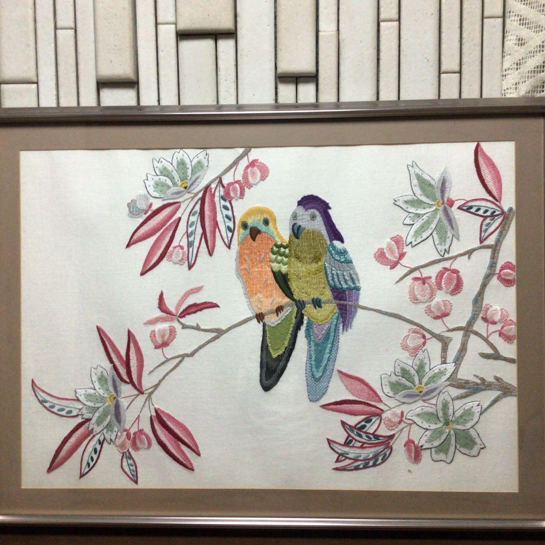 手刺しゅう　額　鳥