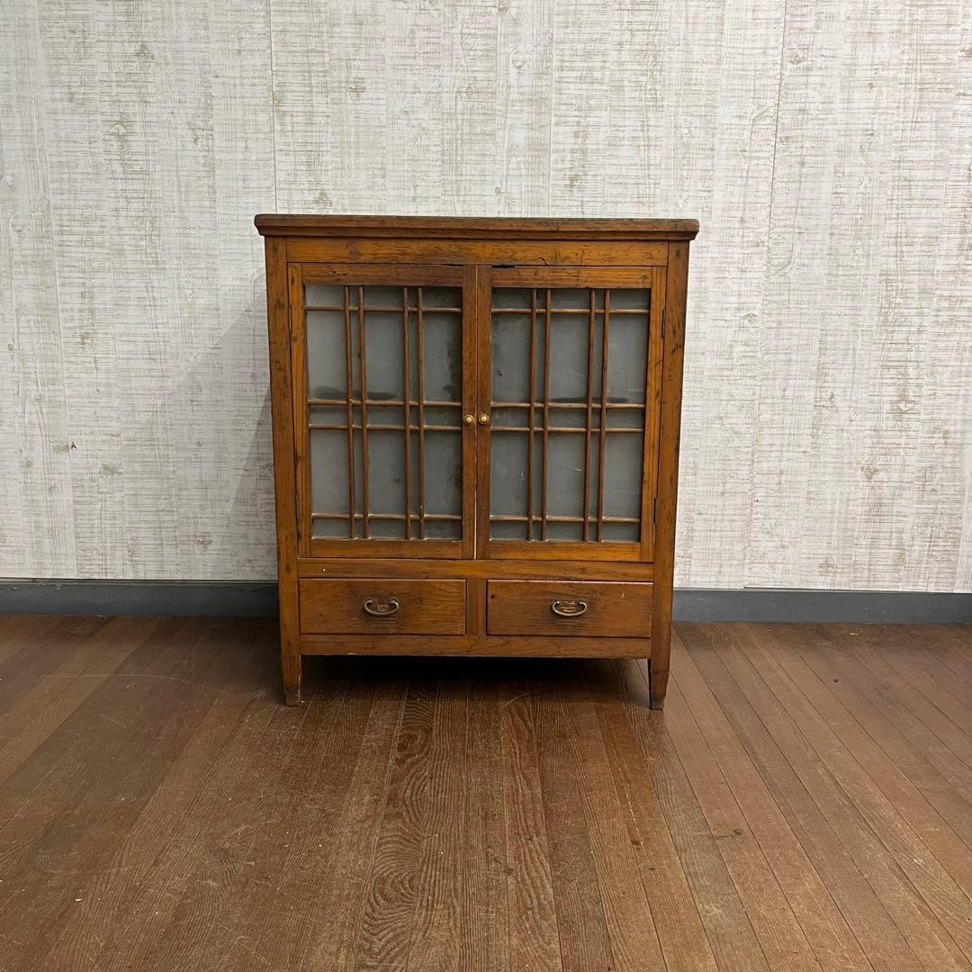 【アンティーク】昭和レトロ ガラス戸棚 食器棚 小引出し キャビネット 古家具