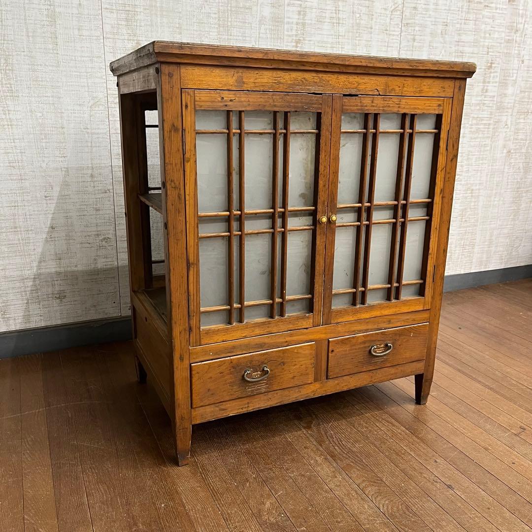 【アンティーク】昭和レトロ ガラス戸棚 食器棚 小引出し キャビネット 古家具