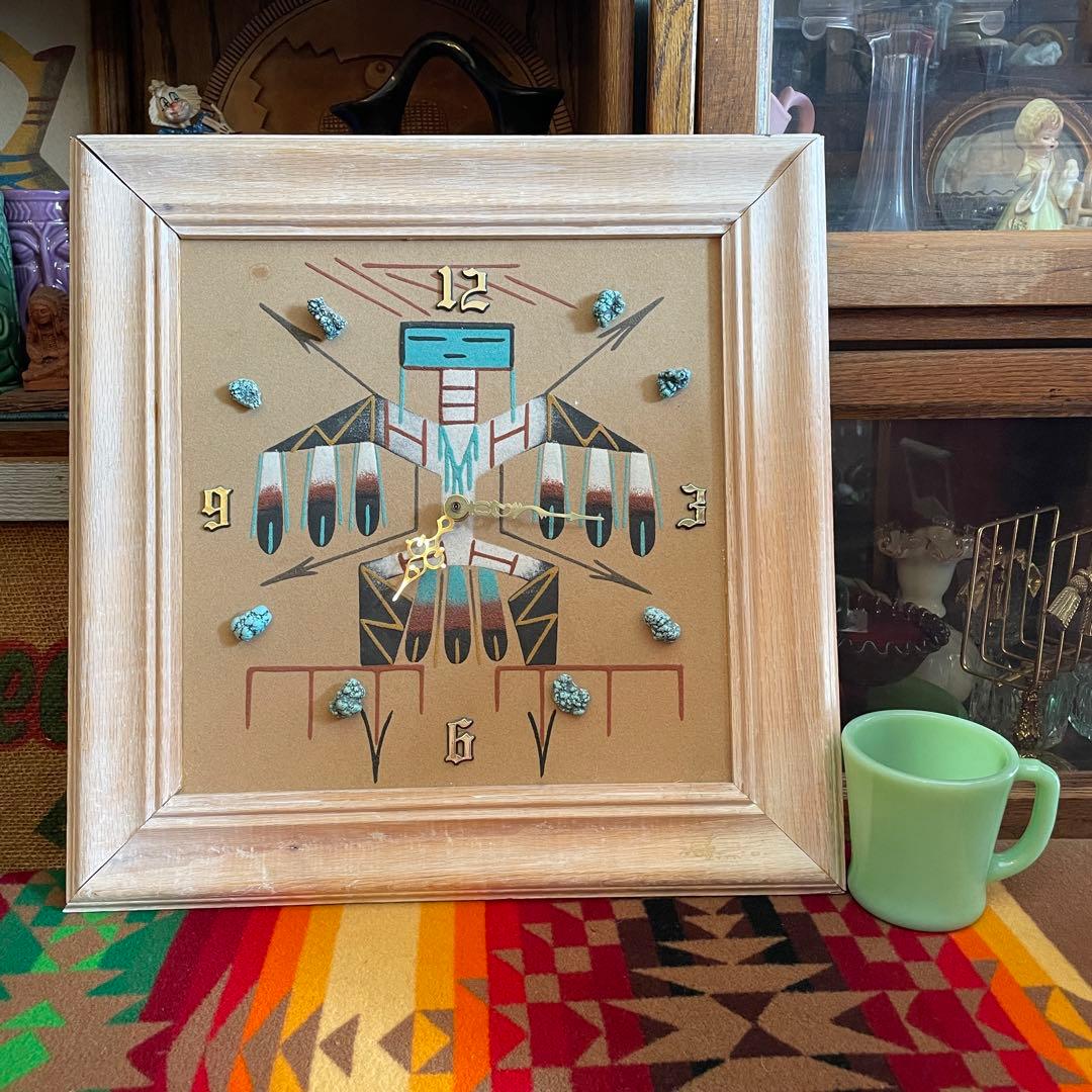 希少品！70's〜ネイティブアメリカン　ナバホ族サンドペイント砂絵の壁掛け時計