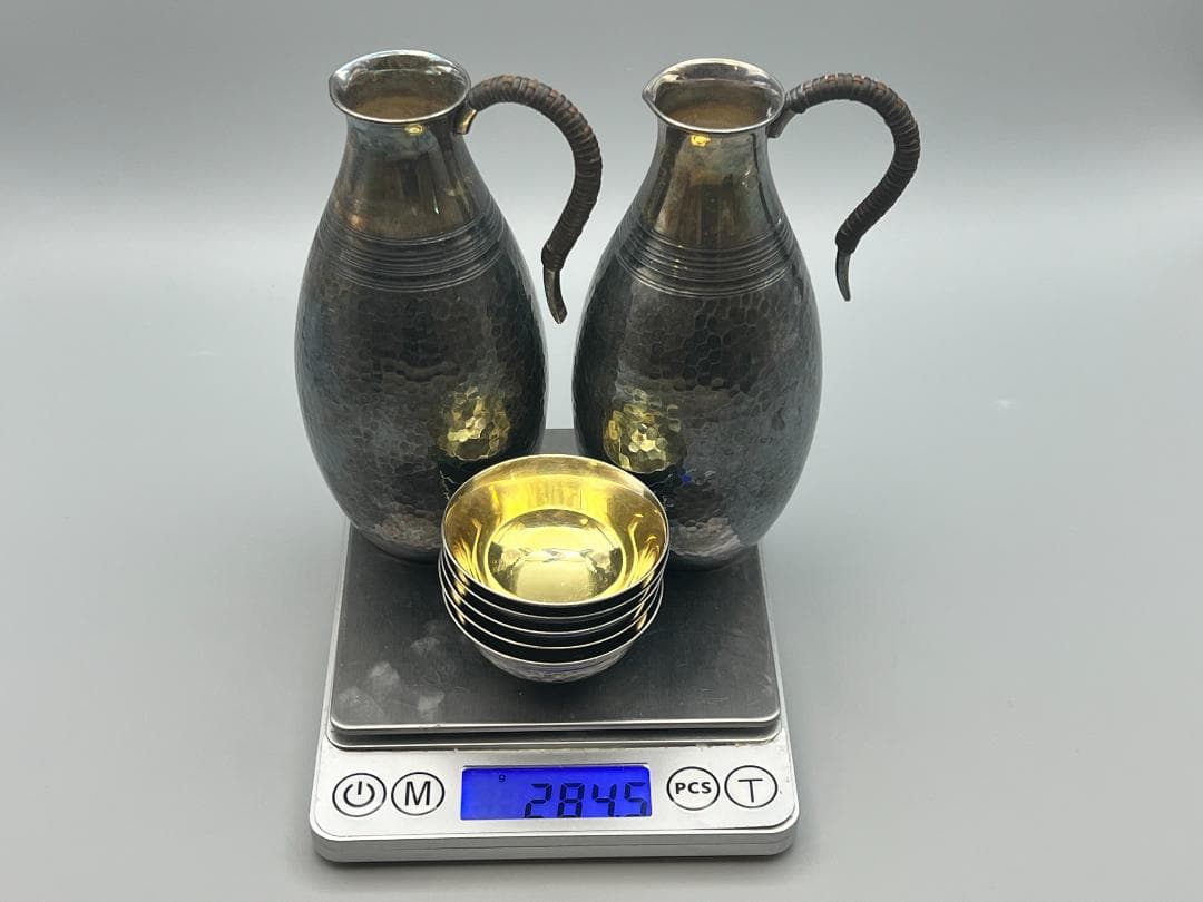 【海】山崎謹製　酒器セット　純銀製　徳利＆お猪口(ぐい呑)　総重量約284.5ｇ